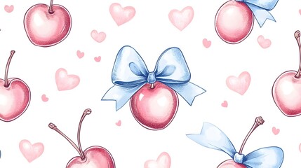 Canvas Print - Cherries Hearts and Bows a Lovely Seamless Pattern