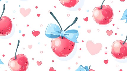 Canvas Print - Cherries Hearts and Bows Seamless Pattern Design