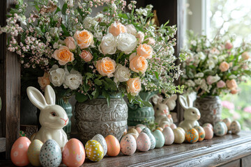 Wall Mural - Easter eggs and bunnies with spring flowers.