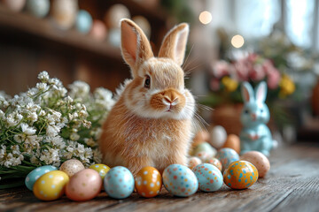 Wall Mural - Cute bunny with Easter eggs on wooden table.