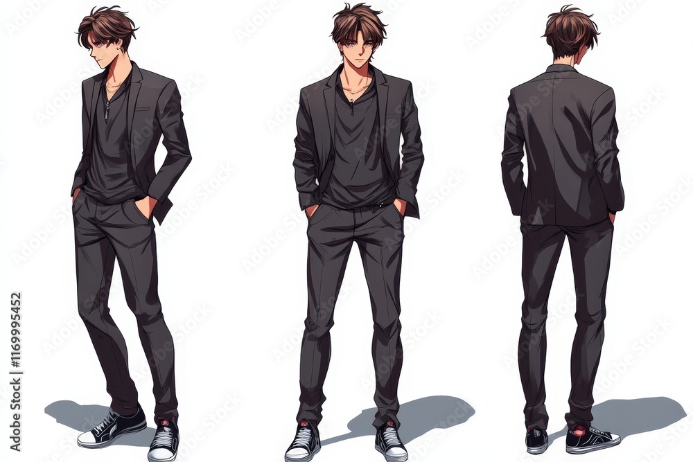Anime Male Character Model Sheet Poses Stock Illustration | Adobe Stock