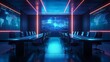© HuynhThiThuy - A futuristic corporate conference room with glowing holographic displays of global analytics, executives interacting with AI-driven interfaces, sleek and modern design,