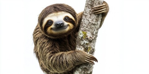 Wall Mural - A two-toed sloth holding onto a tree trunk, showing its agility and climbing ability amidst the dense jungle foliage.