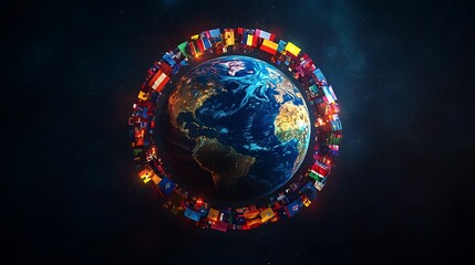 a holographic planet earth with flags of the world forming a glowing circular border, intricate flag