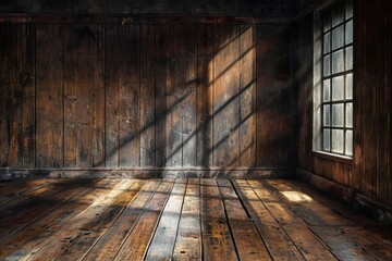 vintage interior with darkened wooden walls and floors, creating an empty room with an aged, textured surface, Ideal for Design and Mockups