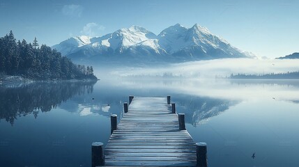 Wall Mural - Serene winter lake scene with snowy mountains and wooden dock.
