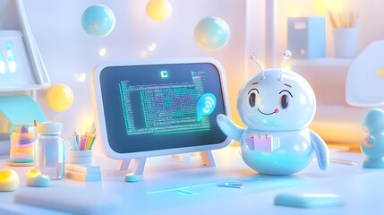 cute robot coding wifi illustration - 3d illustration
