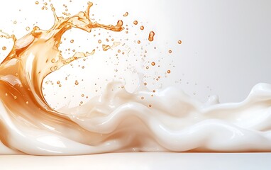 Abstract splash of creamy liquid with amber swirls, isolated on white background.