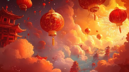 Wall Mural - A radiant Chinese New Year-themed illustration with a bright red base, adorned with golden ornaments, lanterns, fireworks, and fluffy clouds for a festive and harmonious design