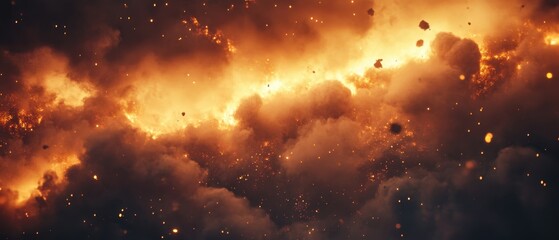 supermassive black hole enveloped in glowing gas clouds, cosmic debris creating intricate patterns, 