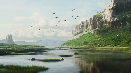 Canvas Print - Serene River Landscape: Birds in Flight over Majestic Mountains