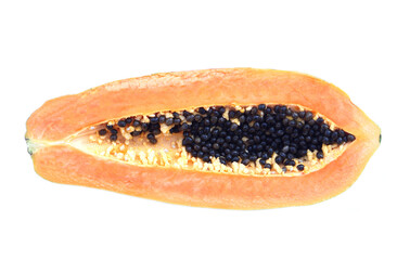 Wall Mural - Half cut ripe papaya fruit with black seeds, isolated on white background. Concept, healthy tropical fruit with natural sweet. Delicious fruit with medicinal qualification. Good for health   