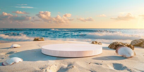 Wall Mural - Pink shells on sandy beach during golden hour