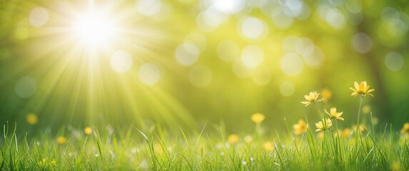 art abstract sunny spring, summer background with fresh air weather green grass and flowers