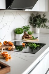 A contemporary kitchen with a focus on healthy and fresh ingredients, featuring wooden counters, plants for ambiance, and gourmet food items.