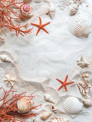 Wall Mural - A close-up view of a sandy beach adorned with colorful seashells and starfish, set against a blurred ocean backdrop.