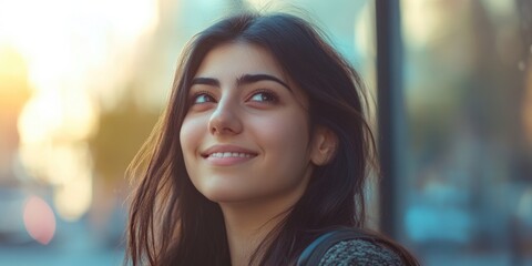 Wall Mural - Beautiful young woman gazing into the distance with a cheerful expression.