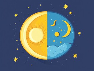 A digital illustration depicting the sun, moon, and stars at different times of day. Includes morning sunrise, afternoon sunshine, evening starry sky, and nighttime constellations.