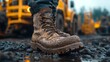 © HuynhThiThuy - A close-up of rugged, mud-covered boots on loose gravel, blurred scaffolding and yellow construction machinery in the background, warm afternoon light creating subtle highlights, vivid realism,
