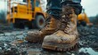 © HuynhThiThuy - A close-up of rugged, mud-covered boots on loose gravel, blurred scaffolding and yellow construction machinery in the background, warm afternoon light creating subtle highlights, vivid realism,