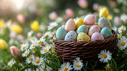 Wall Mural - Easter eggs in a basket nestled amongst spring flowers.