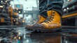 © HuynhThiThuy - A close-up of sturdy steel-toed boots with oil stains on a slightly wet metallic floor, blurred conveyor belts and control panels in the background,