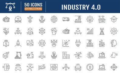  Industry 4.0 Line Editable Icons set. Containing Industry 4.0, automation, smart industry, cloud computing, iot, system integration, big data and more. Vector Illustration