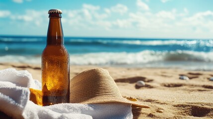 Wall Mural - Bottle of beer is on a towel on the beach. The bottle is half full and the towel is white. The beach is calm and the sky is blue