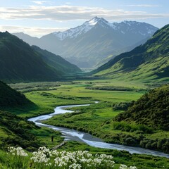 Wall Mural - Serene Landscape with River and Snow-Capped Mountains at Dawn