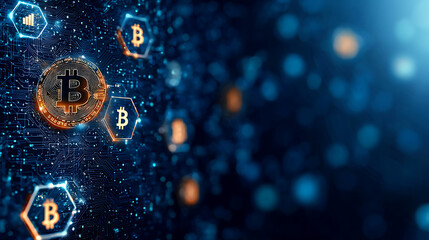 Wall Mural - glowing Bitcoin token surrounded by digital elements and blue lights, symbolizing cryptocurrency technology and finance