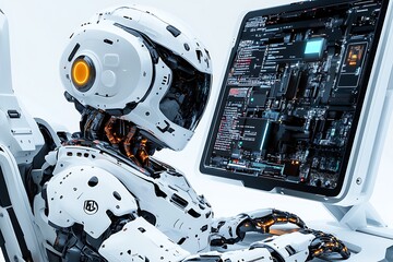 A futuristic robot interacts with a high-tech computer interface.