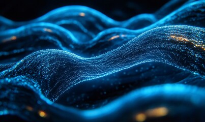 Abstract digital wave pattern with glowing blue particles.