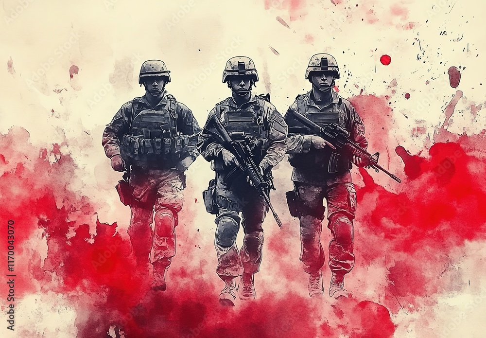 3 soldiers in modern combat gear, with red and white color splashes, a ...