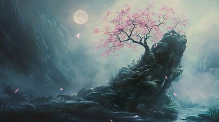 Sticker - Serene Landscape: Pink Tree on Rock, Moonlit Night