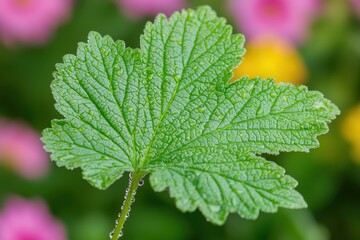 Poster - Close-up View of Green Leaf with Water Droplets and Colorful Background