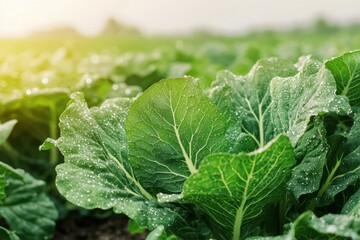 Wall Mural - Fresh Green Cabbage Leaves Glistening with Morning Dew Drops