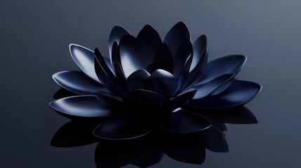 dark blue lotus flower with reflection on dark surface.
