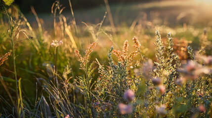 Wall Mural - Vibrant Field of Colorful Wildflowers Bathed in Warm Sunlight with a Clear Blue Sky Above Creating a Cheerful and Inviting Atmosphere Ideal for Nature Lovers and Outdoor Enthusiasts on a Bright Day