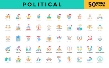  Political icon set with democracy, republic, monarchy, totalitarianism, authoritarianism, oligarchy, anarchy, federalism, unitary system, separation of powers icon. Simple flat color vector 
