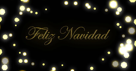 Wall Mural - image of lens flares around feliz navidad text over black background
