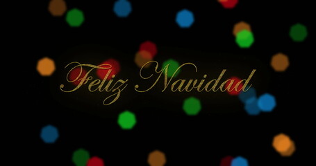 Wall Mural - image of feliz navidad and multicolored lens flares over black background