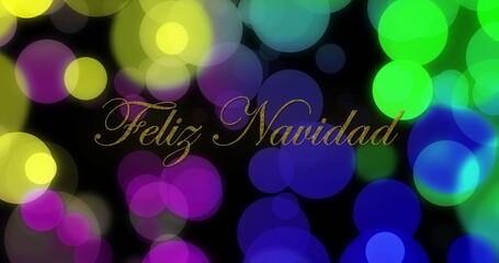 Wall Mural - image of feliz navidad text over multicolored lens flares against black background
