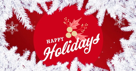 Wall Mural - image of branches with leaves around snowflakes, cherries, leaves and happy holidays text