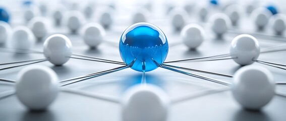 Wall Mural - blue sphere connected to network of white spheres representing connectivity and networking concept