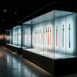 © Kan - Antique sword collection displayed in a glass case with digital interactive panels offering historical information, soft lighting, modern museum style.