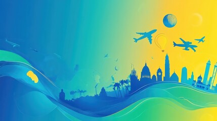 Wall Mural - world tourism day abstract background. featuring vibrant blues, yellows, and greens. highlighting tr