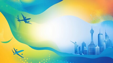 Wall Mural - world tourism day abstract background. featuring vibrant blues, yellows, and greens. highlighting tr