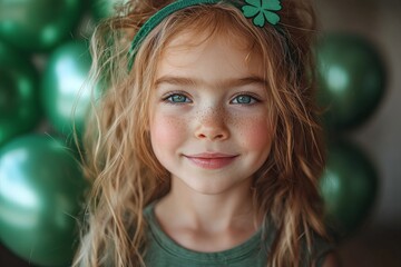 a young girl wearing a shamrock headband for St. Patricks Day