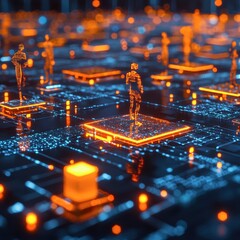 Wall Mural - people standing on digital platforms connected by glowing lines, hovering in a futuristic space of f