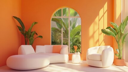 Poster - A bright, modern living space with orange walls, a white sofa, and lush plants outside.